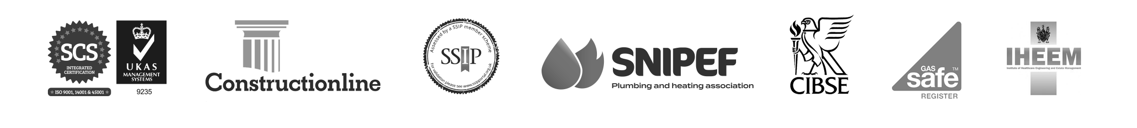 Logos: SCS and UKAS certification (ISO 9001, 14001 and 45001), Constructionline, SSIP, SNIPEF, CIBSE, Gas Safe Register and IHEEM