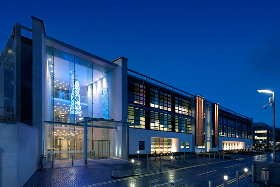 Altnagelvin Hospital South Blocks illuminated at dusk