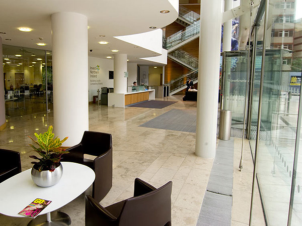 Office atrium with columns and seating