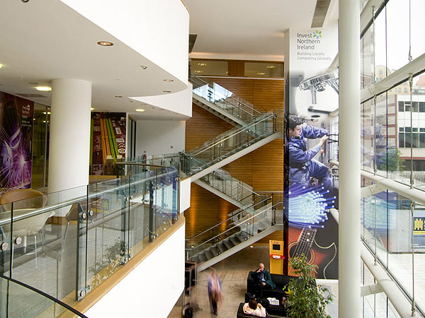 Atrium with glass balustrades and staircases